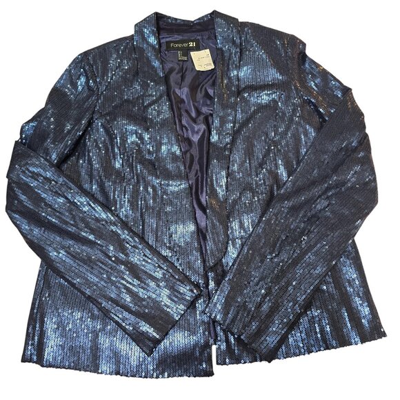 Forever 21 Women's Large Blue Sequin Shimmer Blazer Jacket Large NWT - Picture 3 of 5